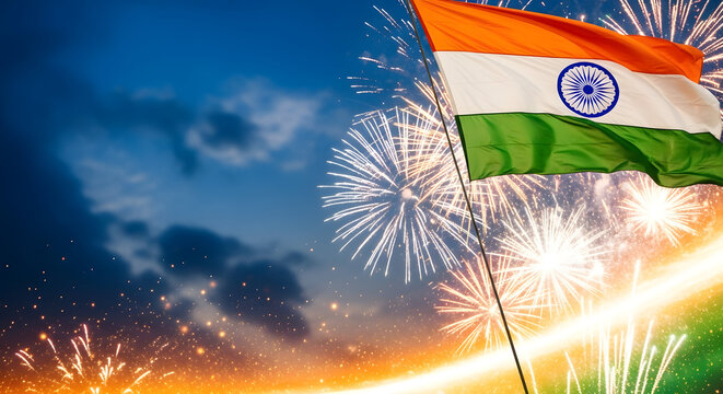 Indian independence day celebration waving flag with fireworks on 15 august
