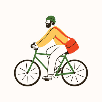 Young man in a fishman hat riding a bicycle, with bag on shoulder. Funny simple doodle style. Cyclist in movement. Ride, cycling, bicycle, sport concept. Hand drawn modern Vector illustration.