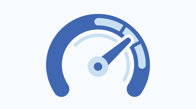 Speedometer icon for internet speed test, performance monitoring, and fast acceleration blue flat vector graphic