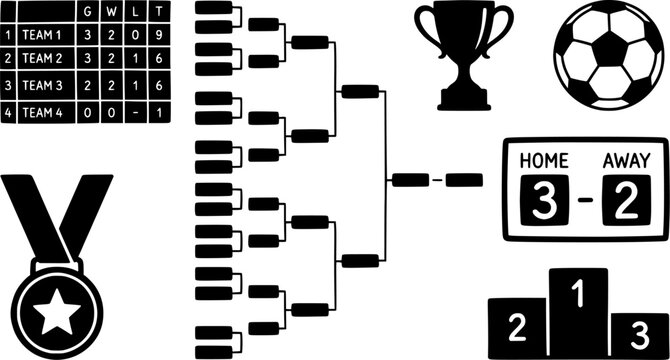 Football Tournament Icons Set Featuring Bracket Trophy Soccer Ball Medal Scoreboard Standings and Podium Silhouettes