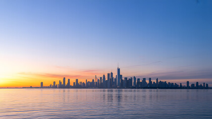 Fototapeta premium Manhattan skyline at sunrise with calm water and clear blue sky