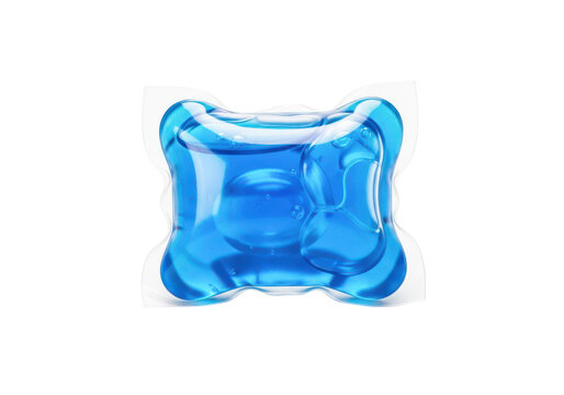 Single blue laundry detergent pod isolated on transparent background, designed for efficient clothes washing.