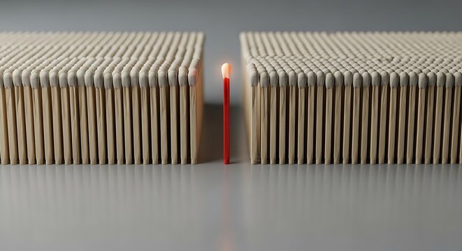 A single lit match standing between two stacks of unlit matches