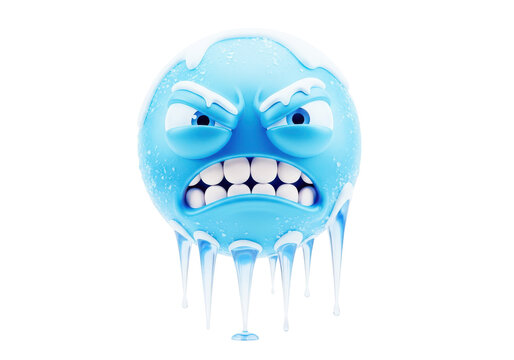 Frozen blue character with dripping icicles, angry expression, winter mood, isolated on transparent background, represents coldness.
