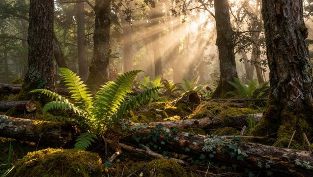 Ferns illuminated by sunbeams in mossy temperate forest