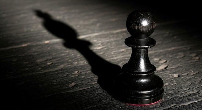 Black chess pawn casting a shadow on a dark wooden surface