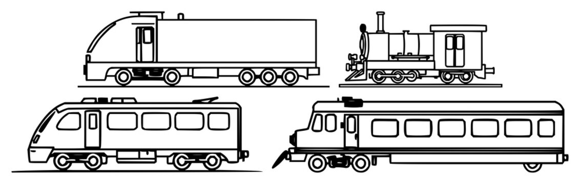 Train set with black line art on white background featuring train icon, rail, transportation with silhouette and single line