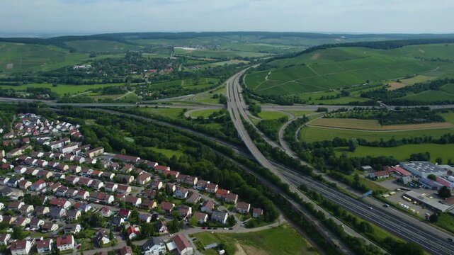 Aerial view of the freeway crossing beside the city Weinsberg in Germany on a sunny day in spring