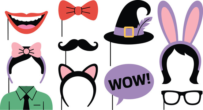 Vector illustration of playful photo booth props including mustache glasses hats bows ears speech bubble and party accessories