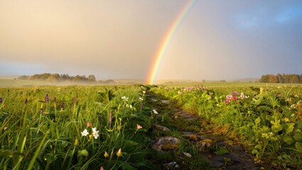 Obraz premium Flower meadow leading to vivid rainbow over grassy field