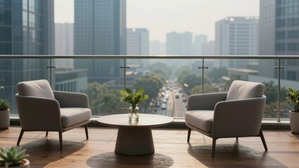 Obraz premium Two armchairs positioned on balcony overlooking city street