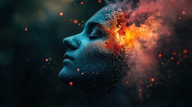 Abstract human head exploding with color and light.