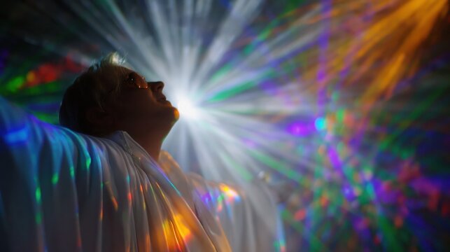 Disco dancer enjoys lights in a club during a night of dancing and fun
