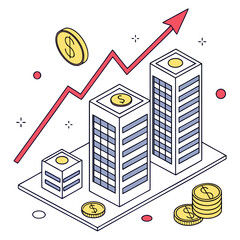 Naklejka premium Isometric illustration of financial growth with coins and buildings high quality