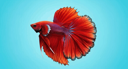 Vibrant Red Betta Fish with Flowing Fins on Blue Background © berkah
