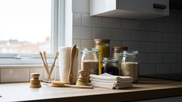 Eco-Friendly Kitchen Essentials on Countertop Near Window.