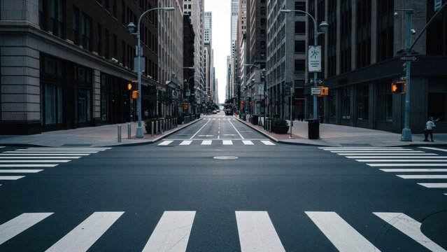 Empty City Street with Crosswalk and Tall Buildings.