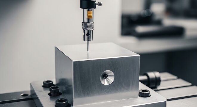 Automated cmm probe inspecting precision metal block measurement process