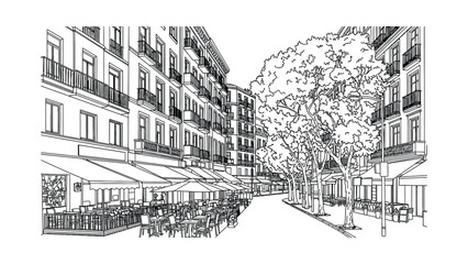 Obraz premium Hand drawn architectural sketch of a European city street with outdoor cafe seating.