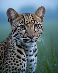 Fototapeta premium A almond tone Oncilla , northern tiger cat genetic hybrid experiment fantasy animal, fictional species in a cosmic meadow