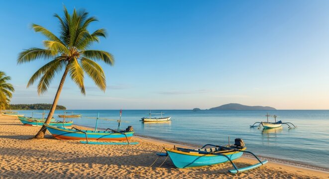 Tranquil tropical beach scene with palm trees and colorful fishing boats at sunrise