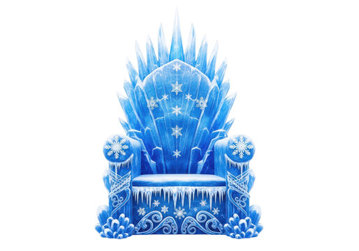 Ornate ice throne chair, intricately designed with sharp icicles and snowflakes, isolated on transparent background, winter fantasy, majestic.
