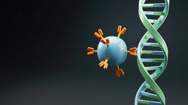 Car T cell attaching to DNA strand, representing genetic therapy and immune system interaction in futuristic medical concept