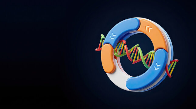 DNA strand with circular segmented ring, colorful genetic helix structure, 3D illustration of molecular biology concept, vibrant scientific model with blue and orange segments
