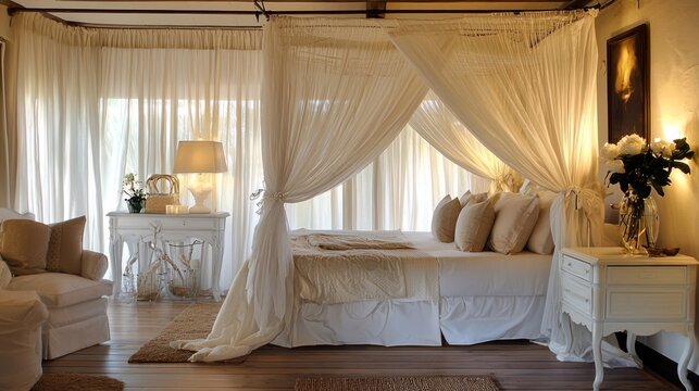 Elegant bedroom with canopy bed and soft lighting.