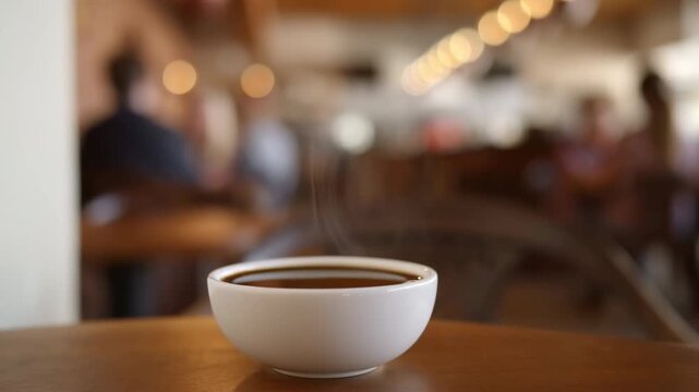 Vibrant Coffeehouse Interior Featuring Steaming Beverage Amid Blurred Patrons And Warm Lighting