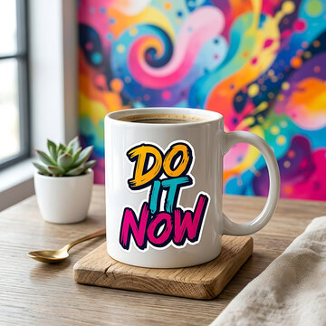 Inspirational coffee mug with colorful do it now sticker on wooden table near sunlit window.