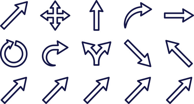 Set of modern arrow icons in outline style, navigation directions symbols collection isolated on light background, minimalist UI UX elements for web design.
