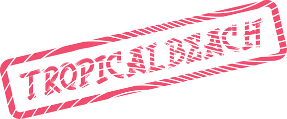 Bright red distressed stamp displaying tropical beach lettering for travel and leisure themes ©  Design_ mn