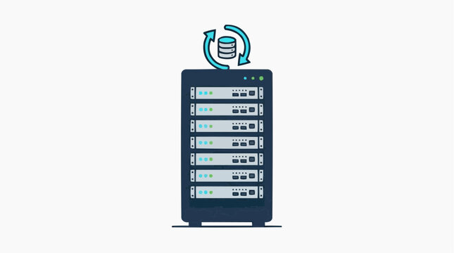 Data Server with Synchronization: A stylized illustration presents a data server with a circular arrow symbol atop, conveying concepts of data synchronization and information technology.