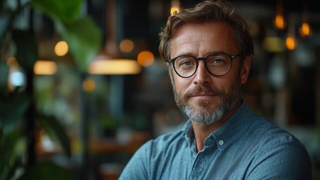 Confident Businessman with Glasses: A distinguished middle-aged man with a neatly trimmed beard and glasses exudes confidence, looking directly at the camera with a serious expression.
