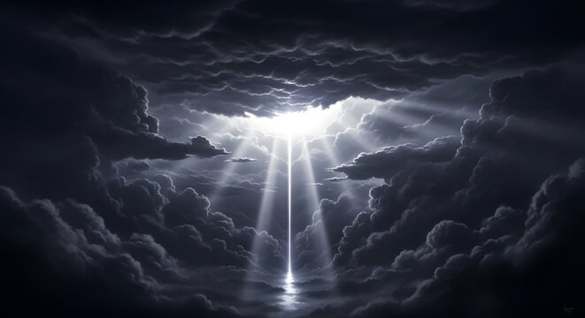 Dramatic clouds with sun rays shining through dark stormy sky