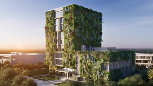 Tracking shot aerial pan of green covered building revealing vertical garden facade on modern campus at sunrise