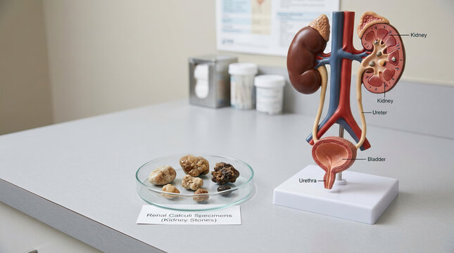 Kidney stone specimens displayed on glass dish next to labeled anatomical model of urinary system showing kidney, ureter, bladder, and urethra in clinical setting