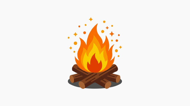 Campfire Illustration: A vibrant campfire illustration depicts a pile of logs ablaze with flames and dancing embers. The artwork conveys warmth, wilderness, and adventure. 