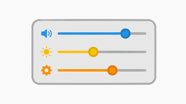 Interface Controls: Visual representation of interface controls, with sliding bars for sound, brightness and settings, against a light backdrop.