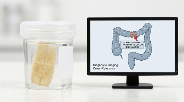 Tapeworm segment pathology cup diagnostic imaging transverse colon schematic diagram medical illustration parasite specimen container laboratory medical research healthcare biology anatomy