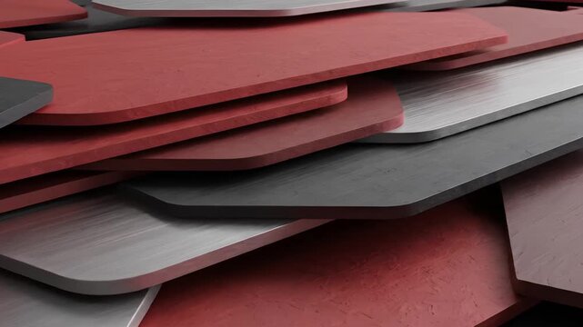 Abstract Closeup of Overlapping Geometric Shapes in Red Gray and Silver Tones.
