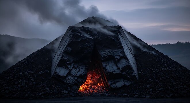 Glowing fire inside volcanic ash mound with smoke under dark moody sky, mountain