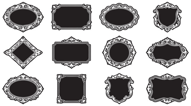 Twelve distinct ornate frame shapes with detailed embellishments, presented in a grid layout against a plain background.