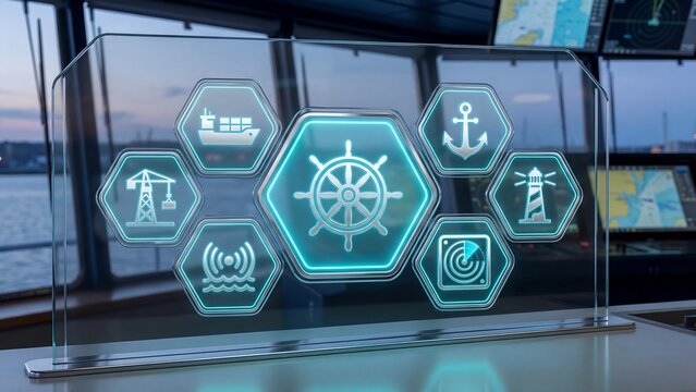 Futuristic digital interface showing shipping and maritime navigation symbols displayed on a transparent glass screen inside a ship bridge cabin