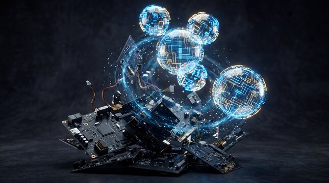 Futuristic 3D concept of e-waste upcycling with obsolete circuit boards transforming into glowing data spheres