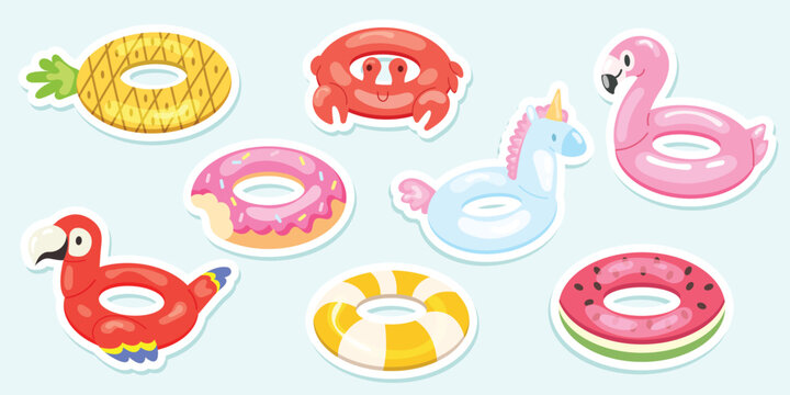 Cute inflatable swim ring sticker set with tropical pool floats