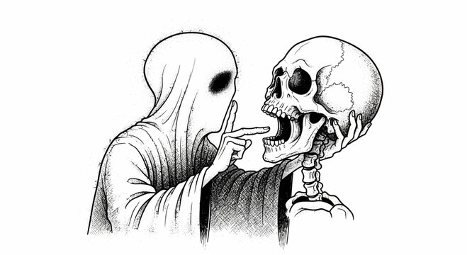 Ghost whispering to a skull.