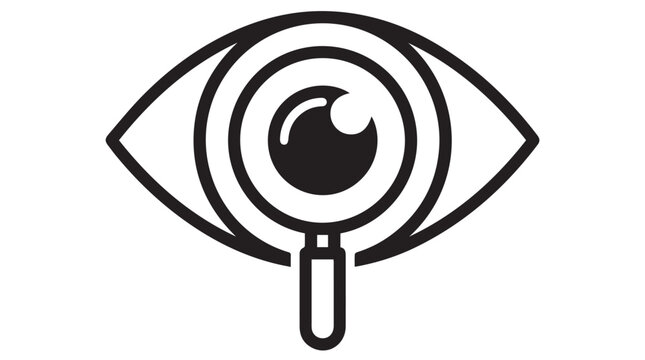 A stylized eye with a magnifying glass overlay, depicted in a minimalist black and white line art design.