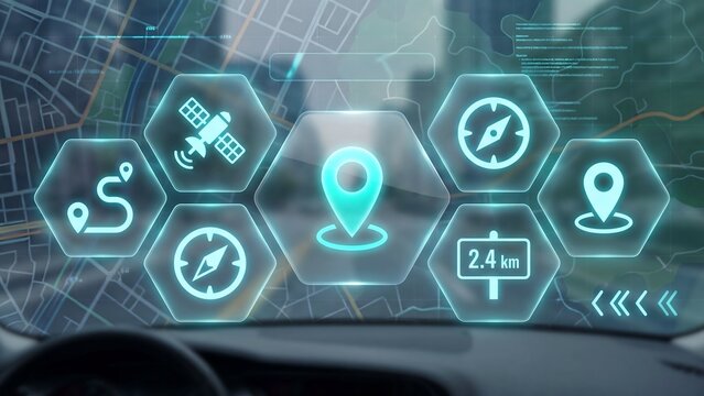 Futuristic holographic navigation interface displaying location markers and satellite connectivity icons projected over a modern car dashboard driving through city